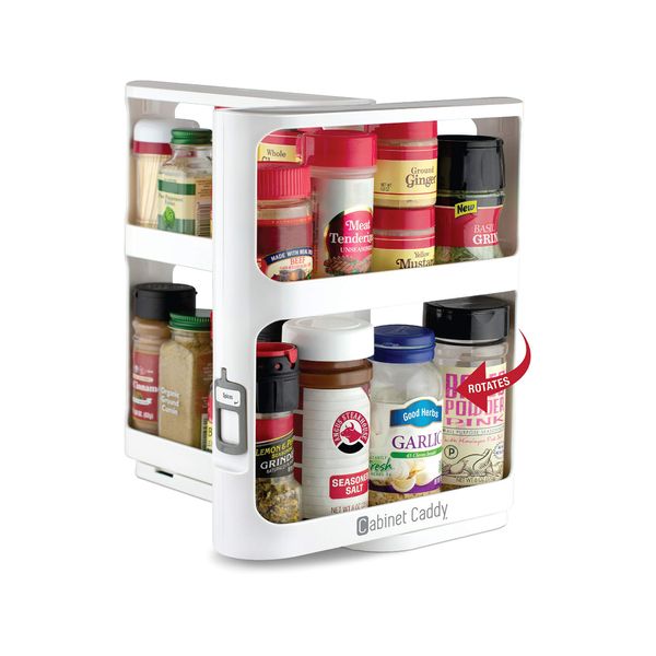 Cabinet Caddy Spice Rack Organizer for Cabinet - Slide & Rotate Kitchen Organizers and Storage - 2 Double-Decker Shelves - Non-Skid Base - Magnetic Modular Design - 10.8" H x 5.25" W x 10.8" D