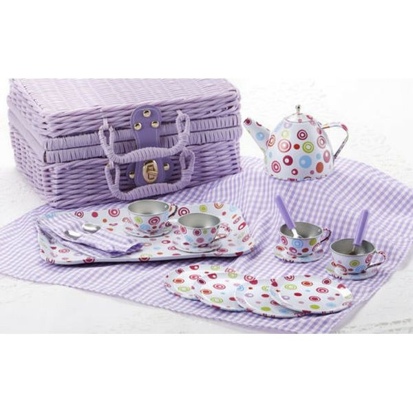 Delton Children's Kids Tin Tea Set for 4 "Polka Dot" Purple Basket #8000-3