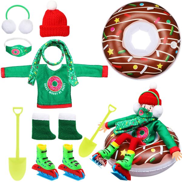 Jenaai 9 Pcs Christmas Elf Doll Accessories Set Christmas Elf Clothing Includes Inflatable Snow Tube, Ear Muffs, Scarf, Sweater, Boot, Mask, Hat, Ice Skates, Shovel for Doll Decor