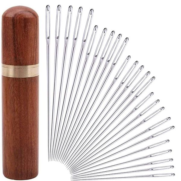25Pieces Hand Sewing Big Eye Needles Sharp Needle，with Solid Wood Needle Case for