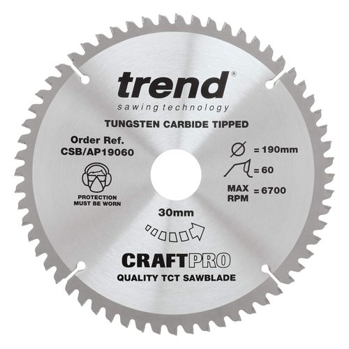 Trend Aluminium & Plastic Circular Saw Blade, 190mm Diameter, 30mm Bore, 60 Teeth, TCT, 2.8mm Kerf, -6° Hook, CSB/AP19060