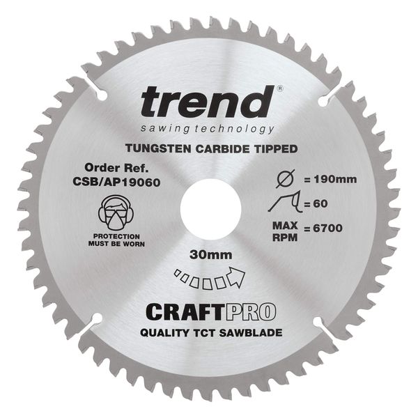 Trend Aluminium & Plastic Circular Saw Blade, 190mm Diameter, 30mm Bore, 60 Teeth, TCT, 2.8mm Kerf, -6° Hook, CSB/AP19060