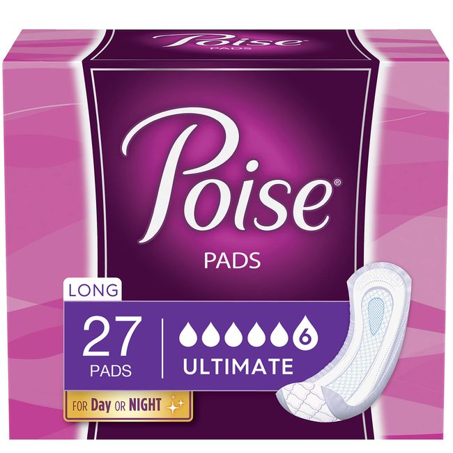 Poise Incontinence Pads for Women, Ultimate Absorbency, Long, Original Design, 108 Count (4 Packs of 27)