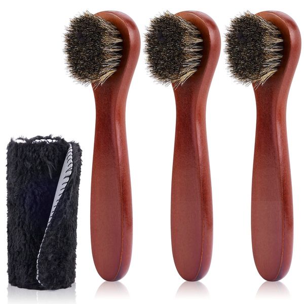 3 Piece Horsehair Shoe Brushes, Shoe Polish Applicator Kit, Leather Shoes Boot Cleaning Brush Care Clean Dauber Applicators Premium Horsehair Cleaning Brushes and Buffing Cloth Set