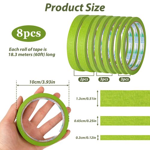 KALIONE 8 Rolls Pinstripe Tape, 1/8, 1/4, 1/2 inch Thin Masking Tape, Thin Painters Tape Green Pinstriping Tape, Masking Tape Paint Tape Masking Tape for Wall DIY Board Auto Paint(Green)