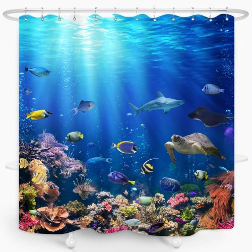 ZXMBF Ocean Underwater World Shower Curtain Colorful Tropical Fishes Turtle Coral in The Deep Sea Home Décor Waterproof Fabric 72Lx72W Inch Blue Plastic Hooks 12PCS