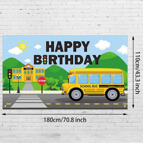 Yellow School Bus Birthday Party Decoration Backdrop Banner, 72.8 x 43.3 Inch Wheels Bus Bday Party Background for Kid Yellow Bus Theme Birthday Party Kindergarten First Day of School Party Supply