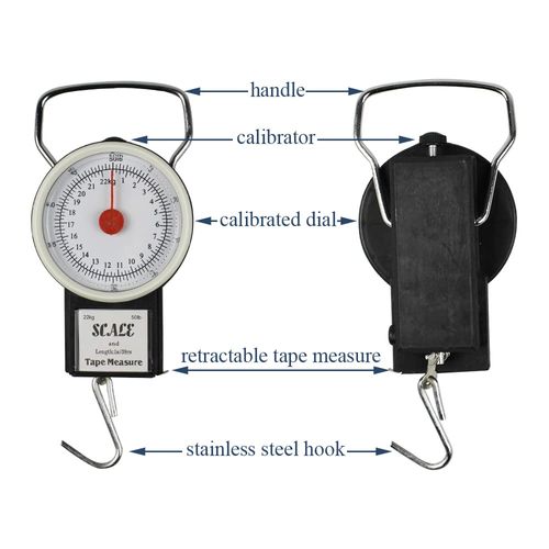 Digital Hanging Scale Mechanical Kitchen and Fishing Scale Multi-Purpose Portable Hand Held Dial Weight Scale with Tape Measure (50 Lbs / 22Kg)