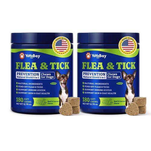 Flea & Tick Prevention for Dogs Chewables, YoYoBay Natural Dog Fleas and Ticks Control Supplement, Dogs Supplement, Natural Shield 5-in-1 Protection, Beef & Carrot Flavor, 180 Soft Chews *2 Pack