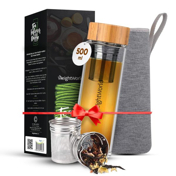 Tea Infuser Bottle - 500ml Leakproof Hot & Cold Brew Glass Water Bottle - Water Bottle with Stainless Steel Tea Strainer, Bamboo Lid & Neoprene Sleeve -BPA Free Loose Tea Infuser