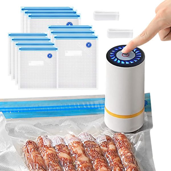 Portable Vacuum Sealer Set, Geliking Food Vacuum Sealer Machine Rechargeable Handheld Vacuum Sealer for Food with 10 Reusable Sous Vide Bags for Food Storage Sous Vide Cooking