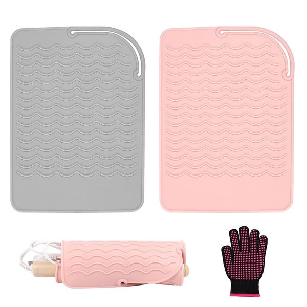 2 PCS Heat Mat for Hair Straighteners, Silicone Heat Resistant Mat for Curling Irons, Heat Proof Protection Mat for Travel Home Salon Flat Iron Hair Styling Tools with Gloves (8.58 X 6.3, Pink,Grey)