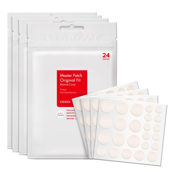 COSRX Master Patch Original Fit 96 Stück - 4 Packungen, Anti Pickel Patches, gegen Pickel und Unreinheiten, Acne Pimple Patches, Intensive Behandlung, Hydrokolloid Pflaster gesicht, 3 Größen