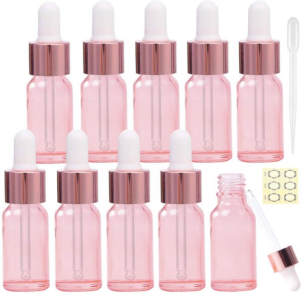 Alledomain 10Pcs, 10ml Rose Gold Glass Bottles with Dropper Pipettes, Mini Empty Dropper Bottles Metal Cap Refillable Sample Container for Essential Oil/Aromatherapy Blend/Chemical Liquid