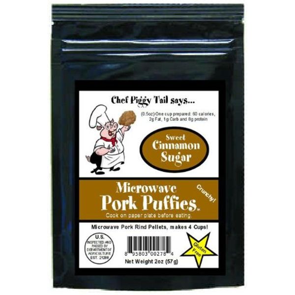 Chef Piggy Tail Microwave Pork Puffies Pork Rinds, Cinnamon Sugar, 2 Ounce