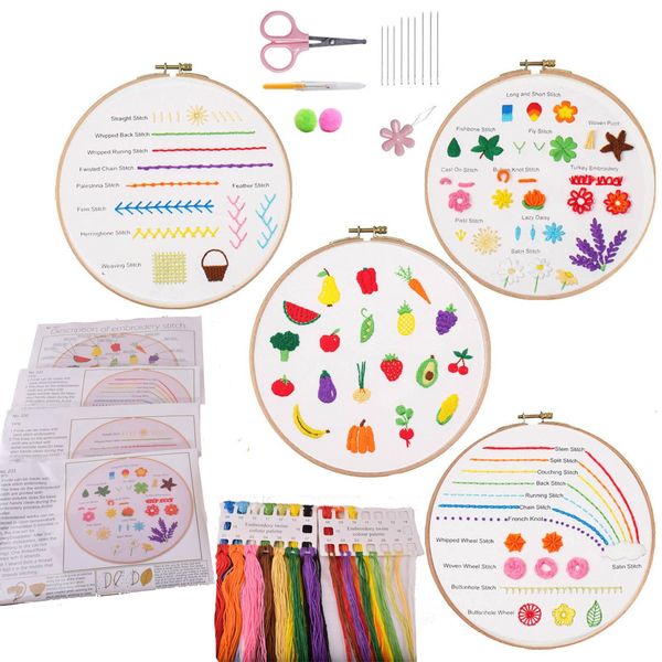 Beginners Embroidery Stitch Practice kit, 4 Sets Embroidery Starter Kit to Learn 30 Different Stitches for Craft Lover Hand Stitch with Bamboo Embroidery Hoop