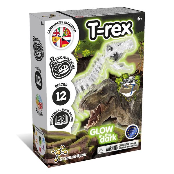 Science4you T-Rex Fossil Digging Kit for Kids +6 Years - Dinosaur Fossil Dig Kit + Glow-in-the-Dark T-Rex Fossils for Kids, Excavation Kit, Stem Toys, Games, Gifts for 6+ year old Boys and Girls