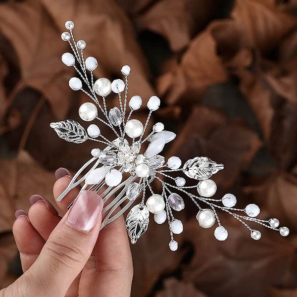 Zoestar Flower Wedding Hair Combs Silver Pearl Bridal Headpiece Beaded Leaf Hair Accessories for Women and Girls