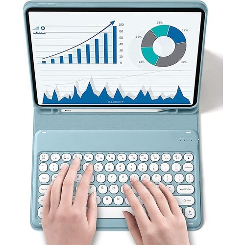 Galaxy Tab A9 8.7 Inch Keyboard Case with S Pen Holder, Slim Round Key Cute Candy Magnetically Detachable Wireless Bluetooth Keyboard for SM-X110/X115/X117, Mist Blue
