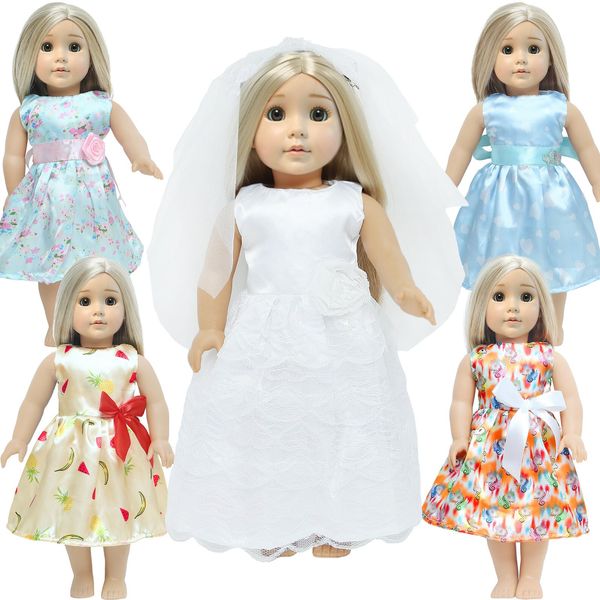 MCZQXW 5 Sets 18 Inch Girl Doll Wedding Gown, Fashion Doll Dresses, Doll Clothes & Accessories, 1 Bride Gown with Veil, 4 Satin Doll Dresses, Gift for American Doll Clothing