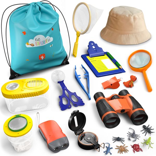 Learning Hands Kids Bug Catching Kit - 22 Pcs Kids Outdoor Explorer Kit, Nature Exploration Toys, Bug Catcher Container with Binoculars, Compass, Magnifying Glass, Flashlight, Toys, Gift for Kids