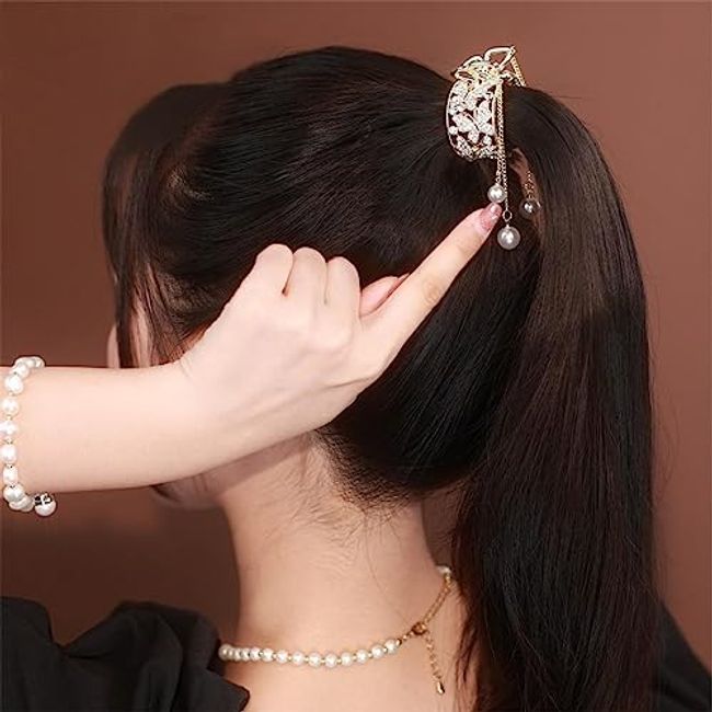 2 Pcs Rhinestone Hair Barrettes Pearl Hair Clips Ponytail Holder