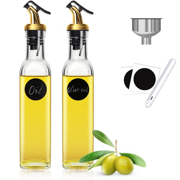 ACEWARMS Oil Dispenser,Olive Oil Bottle Drizzler for Kitchen,2 Pcs Vinegar Bottle 250ml Lead-Free Clear Glass Oil Bottle Set,with Spouts,Funnel and Labels (250ML)