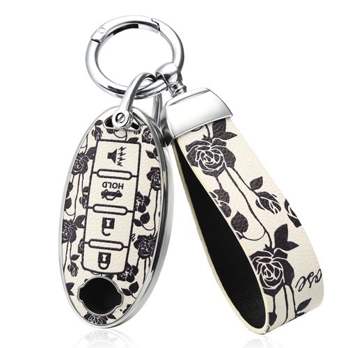 for Nissan Key Fob Cover with Keychain,Soft TPU Key Case Shell Full Protection for Altima Rogue Maxima Sentra Infiniti Armada Sedan Murano Pathfinder Frontier 3 4 5 Button Holder (White Rose)