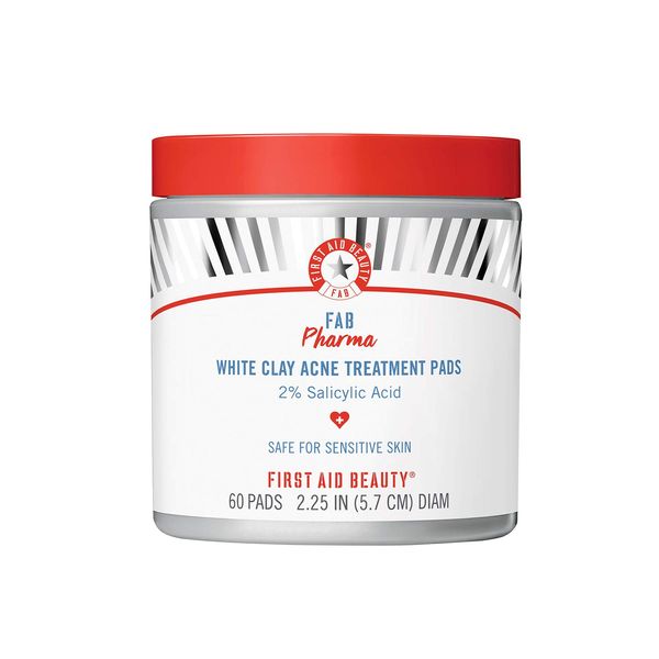 First Aid Beauty FAB Pharma White Clay Acne Treatment Pads 2% Salicylic Acid, Treatment for Breakouts, Whiteheads, Blackheads and Acne