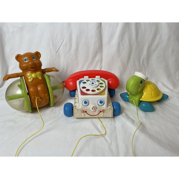 Lot Of 3 Vintage Fisher Price Pull Along Toys - Bear, Turtle & Telephone