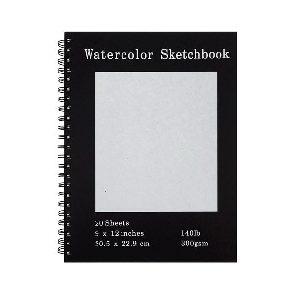 36 Sheets, 9 x 12 Inches, 140 lb/300 GSM Cold Press Watercolor Paper with Black Cover, Spiral Bound, White for Drawing and Painting