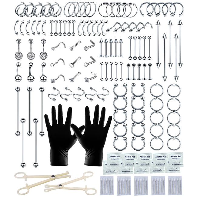 Tustrion 153Pcs Piercing Kit for all Body Piercings with Piercing Jewelry and Tools for Nose Septum Belly Button Lip Ear Tongue Cartilage Eyebrow and More with 12G 14G 16G and 20G Piercing Needles