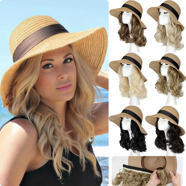 Qlenkay Straw Sun Hat with 10in Synthetic Hair Extension Short Wavy Curly Wig Wide Brim Women Adjustable Cap Detachable Hairpiece for Summer Travel Light Brown Mix Ash Blonde