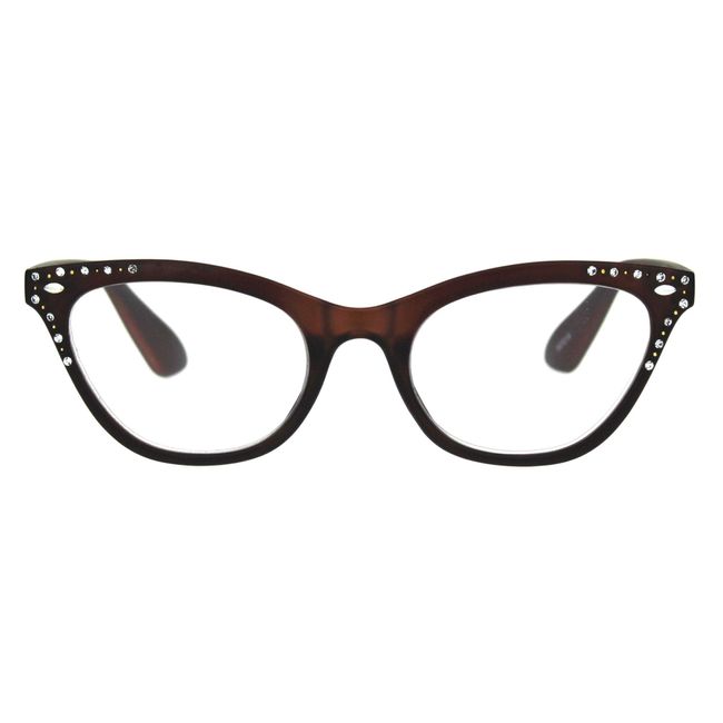 Womens Bling Rhinestone Plastic Cat Eye Horn Rim Powered Reading Glasses Brown 1.5