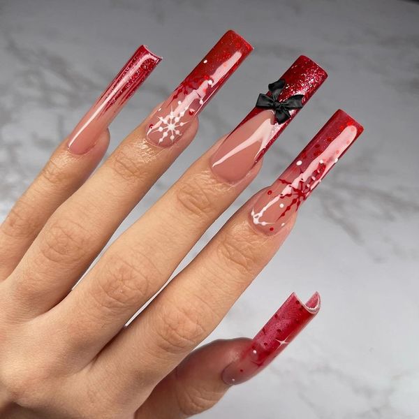 DMQ Christmas French Press on Nails Long, 24Pcs Red Glitter French False Nails, Ballet Red Fake Nails with Bow Snowflake, Xmas Stick on Nails with Glue for Women Christmas Holiday Nails Art