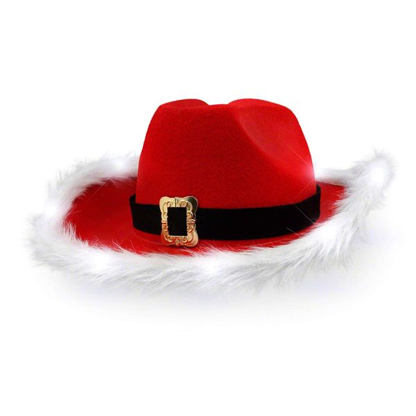 Light Up LED Red and White Santa Claus Christmas Cowboy Hat