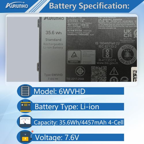 AURUNHO 6WVHD 35.6Wh Laptop Battery Replacement for Dell T06H T06H001 Series Latitude 7230 Rugged Extreme Tablet Series Laptop 6WVHD 451-BDDY JM6CX 0JM6CX VDDJY FNW8F 0VDDJY 7.6V