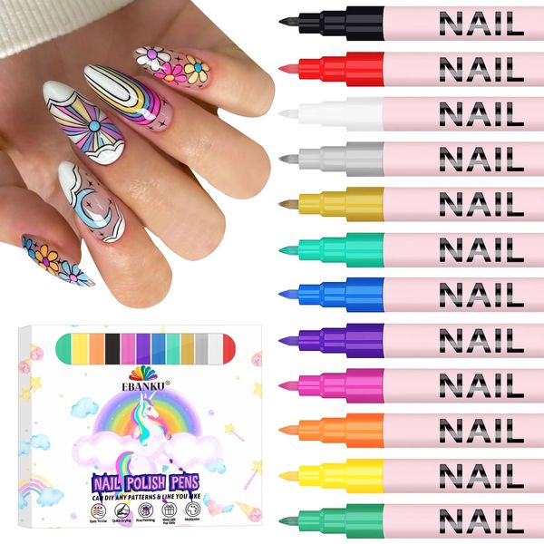 EBANKU 12 Colors Nail Art Pens Set, 3D 0.7MM Nail Polish Pens Quick-Drying Nail Art Markers Acrylic Paint Nail Point Graffiti Dotting Liner Pen Tools for Home & Salon Nail DIY