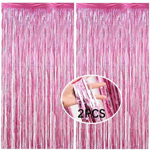 AMZJIMTOP Pink Tinsel Foil Fringe Curtain Party Decorations 2Pcs 3.3ft *6.6ft Metallic Tinsel Curtains Streamers Party Backdrop Foil Curtain for Birthday Party Wedding Holiday Decoration