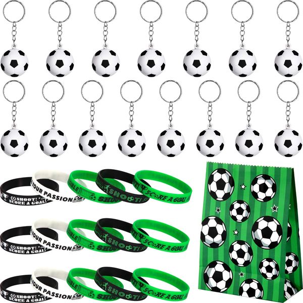 46 Pieces Soccer Party Favors Set Soccer Gift Include 15 Packs Soccer Keychains, 16 Pieces Soccer Motivational Silicone Wristband, 15 Pieces Soccer Party Supply Bags for Party Bag Gift Fillers