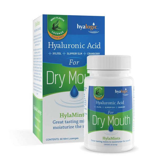 Hyalogic HyaMints Breath Mints for Dry Mouth- Sugar Free Mint Flavor— Natural Breath Freshener w/Hyaluronic Acid, Cranberry Extract, Xylitol, Slippery Elm, Orange Pectin (60 Count)