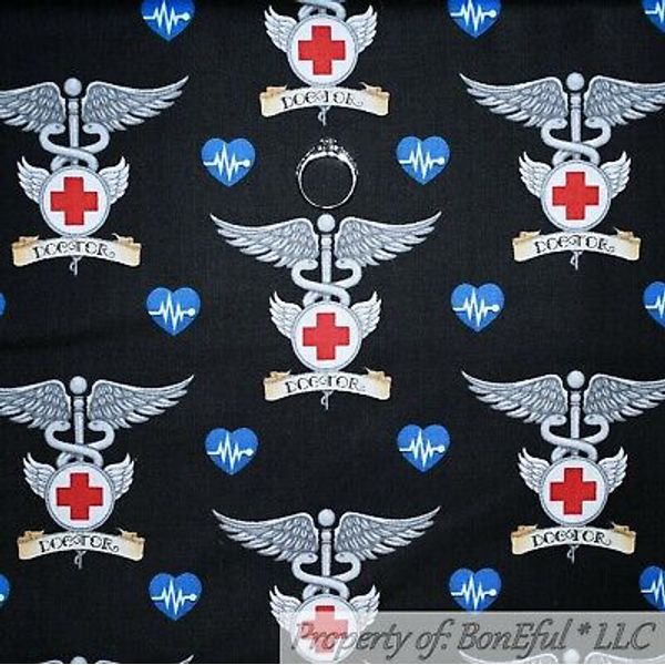 BonEful FABRIC FQ Cotton Quilt Black Red White Blue American Dr Nurse 911 Medic