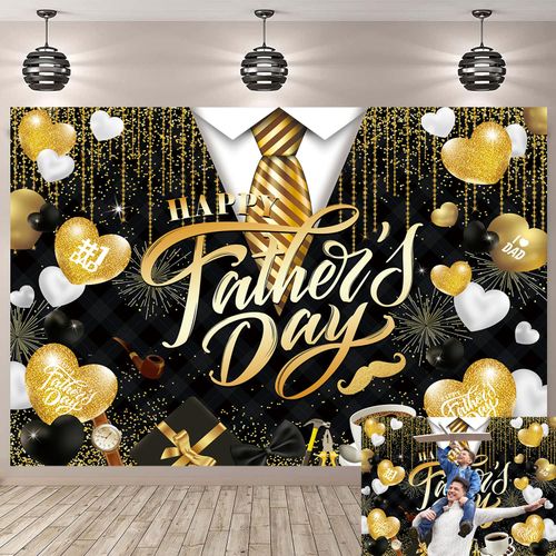 Happy Father's Day Backdrop Black and Gold Glitter Fathers Day Photography Background I Love Dad Banner for Man Family Festival Party Decorations Supplies (Black, 82x59 inch (7x5FT))