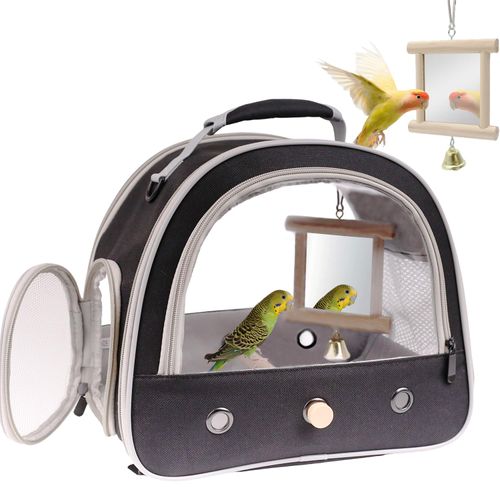 Portable Parrot Travel Cage Carrier with Small Swing Toy&Cage Colorful Toys Set Small Bird Parakeet Bag with Standing Perch Bird Carry Transport Bag (Black, Carrier/Mirror)