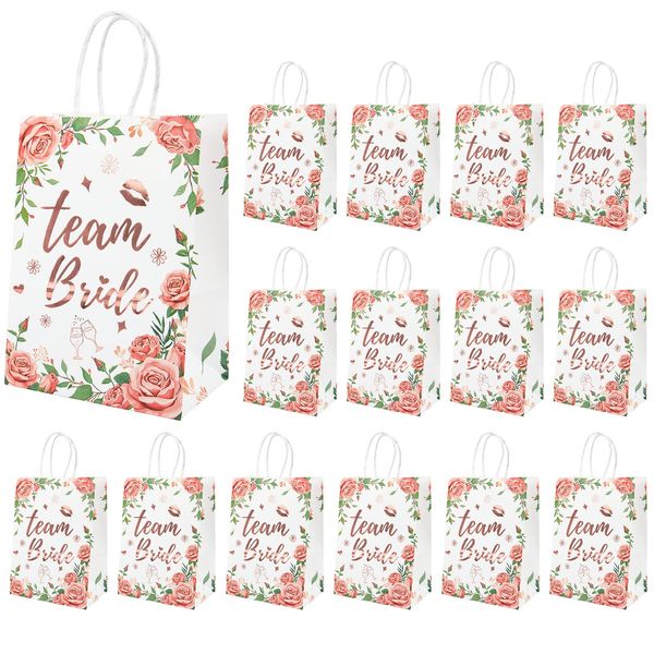 15 Pcs Hen Party Bags Hen Party Gift Bags Rose Gold with Handles Team Bride Paper Bags Floral Team Bride Bags for Wedding Bridal Shower Bachelorette Party