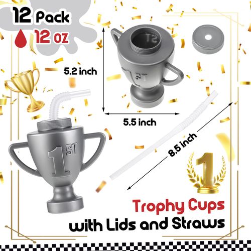 Amyhill 12 Pcs Race Car Trophy Cups With Straws and Lids 12 Oz Plastic Race Car Birthday Party Supplies And Favors For Kids Adults Props Rewards Winning Prizes Competitions (Silver)