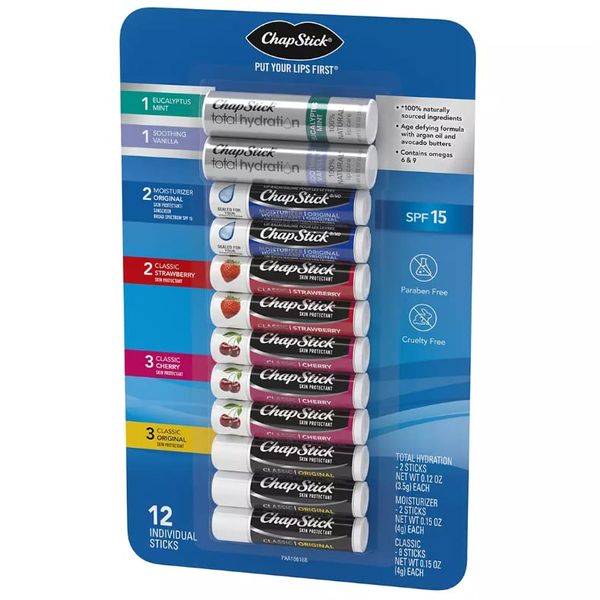 Chapsticks Variety Pack Classic Original,Cherry,Strawberry,Lip Moisturizer and Total Hydration (12 ct.),12 Count