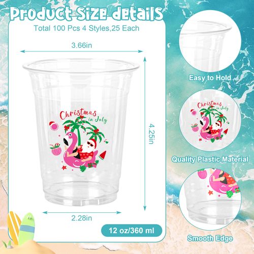 100Pcs Christmas in July Party Decor Disposable Plastic Cups 12 OZ Summer Tropical Hawaiian Christmas Santa Beach Clear Cups for Christmas in July Beach Pool Party Supplies