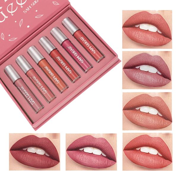 6 Farben Matte Flüssiger Lippenstift Wasserdichte Langlebige Lipgloss Set Antihaft-Tasse Lippenstift Set Lippenstift Matt Nudetöne Rose Pink Flüssiger Lippenstift Set Make-up-Lip Gloss Geschenkset (B)