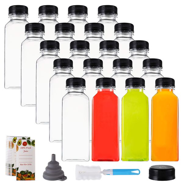 Cedilis 20 Pack 12oz Plastic Juice Bottles with Black Cap, Clear Reusable Containers with Lids, Great Disposable Bottles for Making Juice, Milk, Salad Dressing, Smoothie and Other Beverages